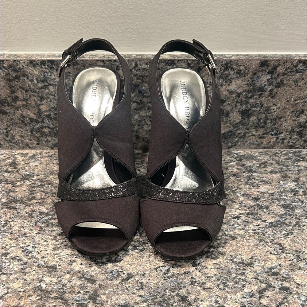 Audrey Brooke Black Peep-Toe Slingback Heels